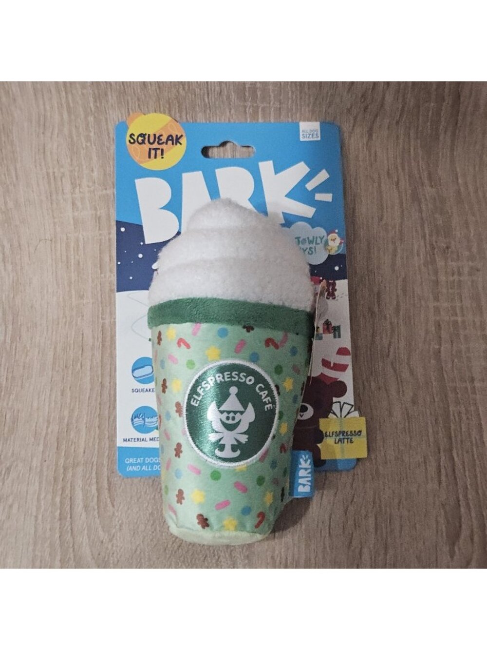 BARK Elfspresso Cafe Coffee/Latte Cup - Stuffed Plush Dog Toy - Squeaker Crinkle
